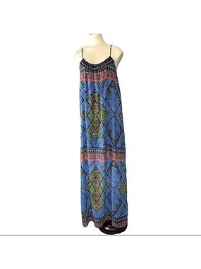 𝅺eight Sixty Blue Maxi Dress Beaded Collar Sz S Multicolor Summer Tribal Print